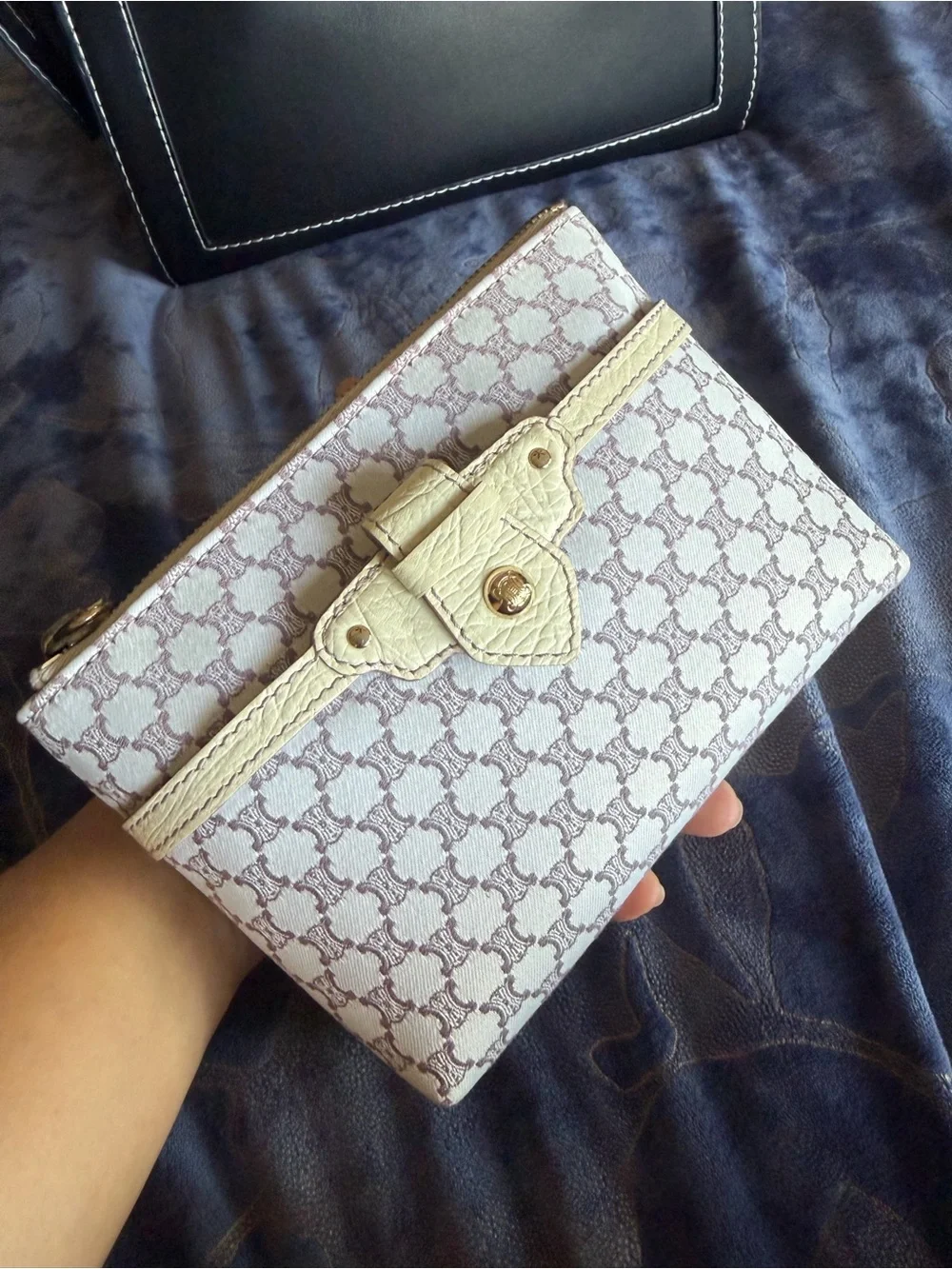 Authentic CELINE Cream Patterned Women's Zip Pouch with Cream Trim